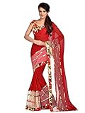 Shonaya Red Georgette & Net Printed saree & Unstitched Blouse Piece,Free Size